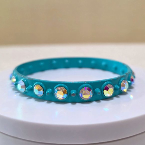 Vintage Retro Turquoise Metal Bangle Bracelet Aurora Borealis Glass Rhinestones - Picture 12 of 13